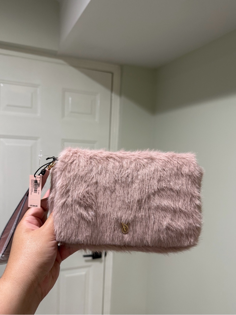 Victorias Secret Plush Faux-Fur Wristlet Clutch in Blush Pink